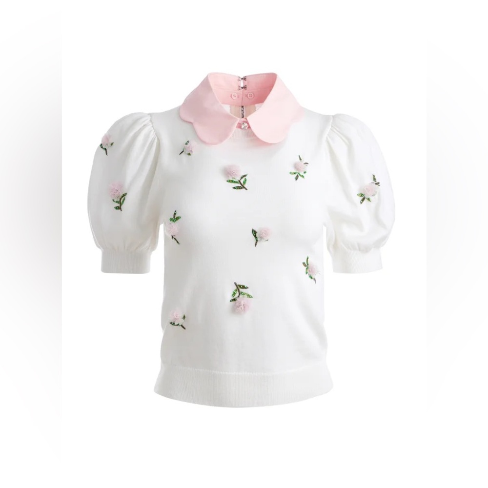 W/tags Alice +Olivia Chase Puff Sleeve Floral Embroidery Collar Pullover Sweater